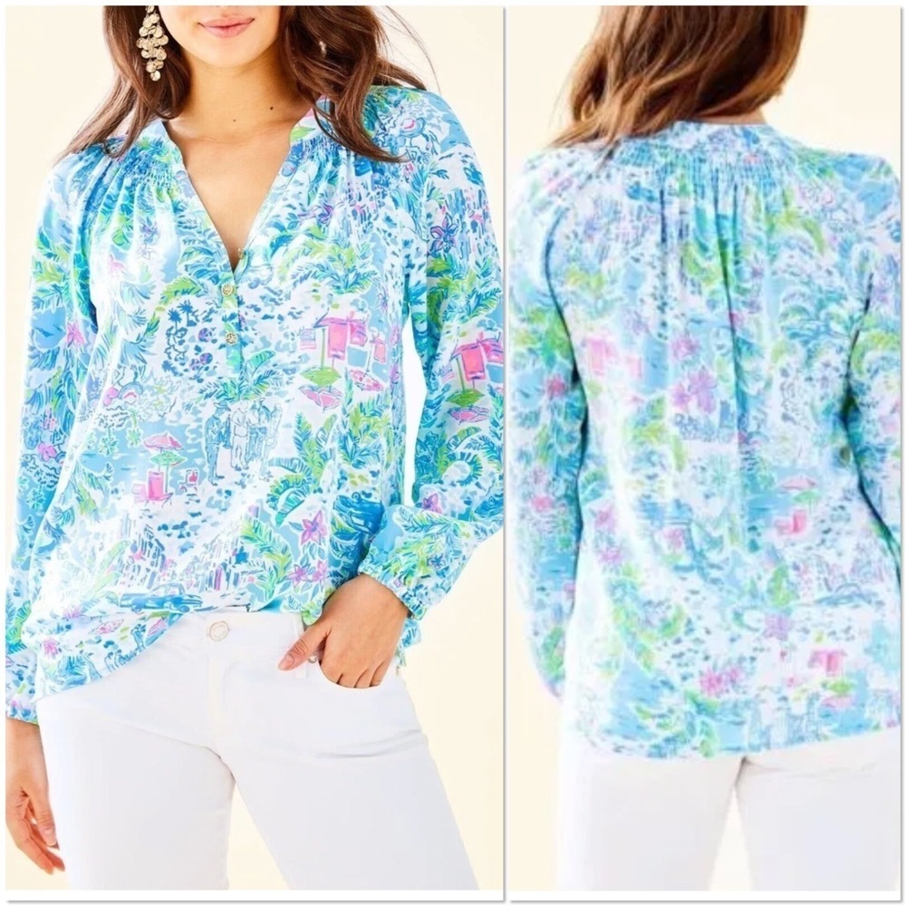 Lilly Pulitzer multicolor What a Lovely Place Elsa split v-neck silk top